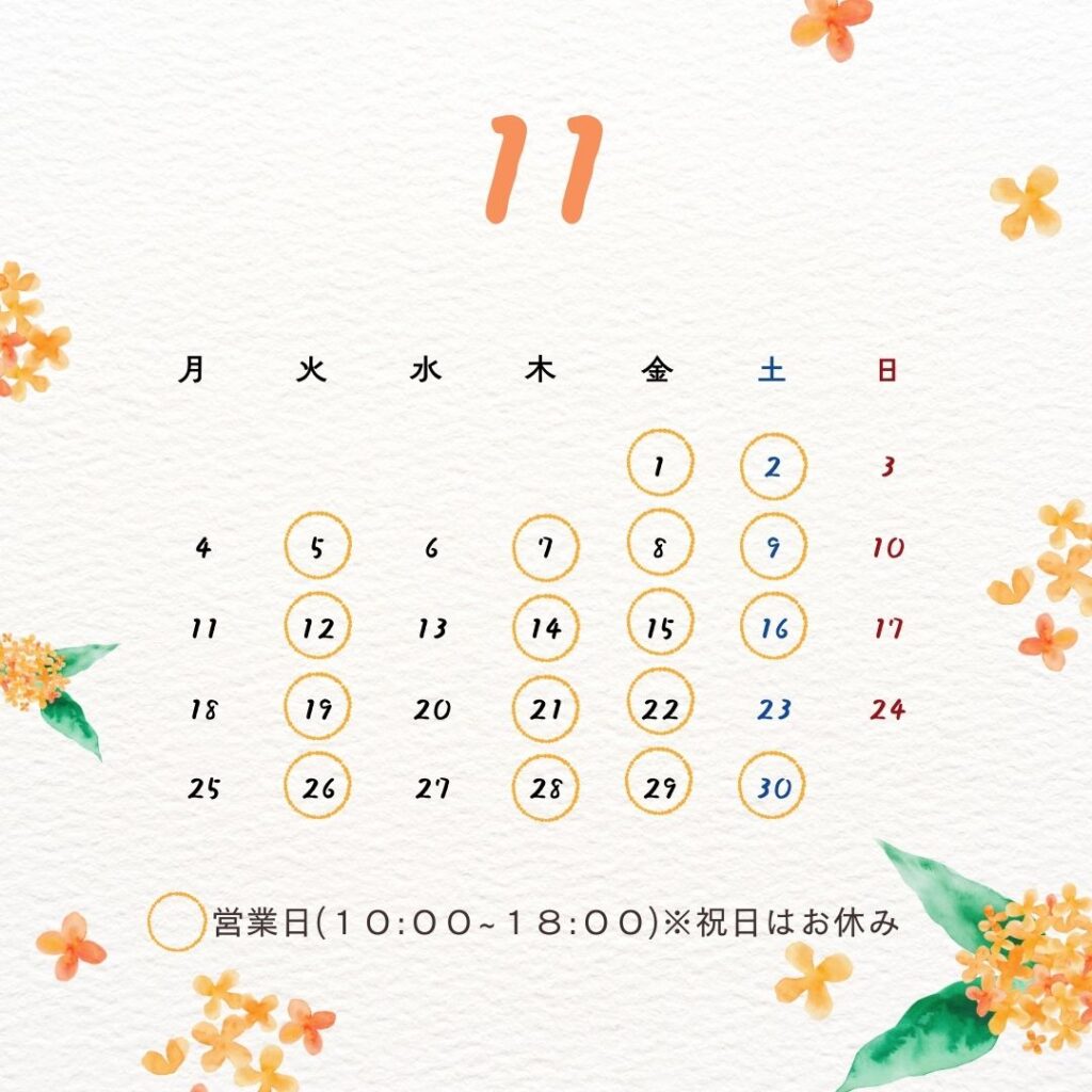 いまにしこころの相談室の2024年11月の予約空き状況が記載されています。いまにしこころの相談室は月、木、金、土曜日の１０時から１８時まで営業しております。